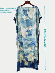 1pc Women's Elegant Floral Print Faux Silk Pullover Long Robe Shawl, Lightweight Breathable Satin Kimono For Spring/Summer Beach, Vacation, Sun Protection - Multicolor - View 2
