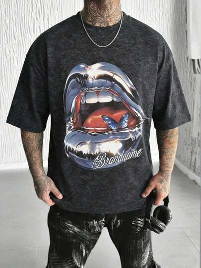 Camiseta de Manga Curta Casual e Solta de Estilo Urbano e Rock para Homens Fractyr | Estampa de Textura Metálica Fluida e de Lábios | Design Requintado | Essencial para Primavera/Verão | Estilo Versátil e Retrô, Fácil de Usar, Tecido de Algodão | Melhor Presente para Amigos | Mostra Personalidade Única