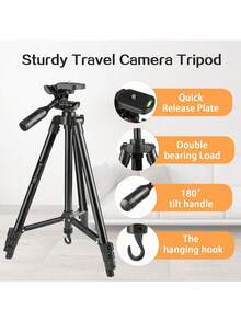 UEGOGO 130厘米铝合金三脚架，带手机支架，适用于、安卓手机和运动相机，非常适合视频录制、自拍、直播和Vlog，时尚黑色三脚架，铝合金材质。 - 查看 5