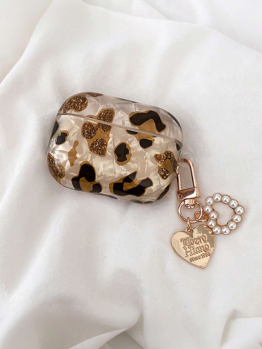 Leopard Print Headphone Case With Pearl Heart Shaped Pendant - Multicolor - View 1