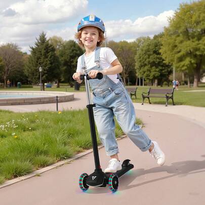 Scooter (3 Räder) ab 3 Jahren, Cityroller Kinderroller mit leuchtenden Rädern & höhenverstellbarem Lenker & rutschfestem Deck & leichtem Aluminiumrahmen, Tretroller bis zu 75 kg, Schwarz