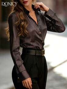 DONICY 女士春夏纯色条纹翻领单排扣衬衫外套，时尚优雅复古奢华外套，适合休闲、商务、约会、派对、音乐节、社交聚会等场合。 - 咖啡棕 - 查看 7