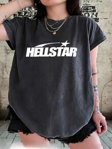 Hellstars Classic Logo Retro Washed Print Round Neck Short Sleeve T-Shirt, 230g 100% Cotton T-Shirt, Summer Clothes, Women's Tops, Casual And Comfortable, Fashionable Graphic Tee, Unisex Style - Black - View 1