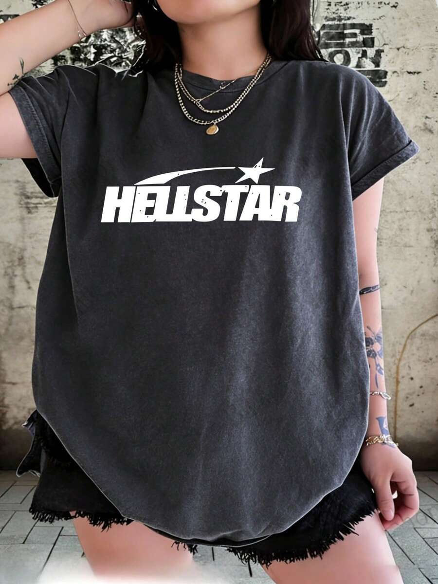 Hellstars Classic Logo Retro Washed Print Round Neck Short Sleeve T-Shirt, 230g 100% Cotton T-Shirt, Summer Clothes, Women's Tops, Casual And Comfortable, Fashionable Graphic Tee, Unisex Style - Black - View 1