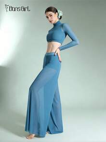 DonsGirl Damen Rollkragen Crop Top und super weiche, dehnbare Mesh Weite Bein Hose Set - vielseitiges elegantes blaues Outfit, geeignet für Aerial Yoga, zeitgenössisches/klassisches Ballett-Aufführung - Blau - Übersicht 8