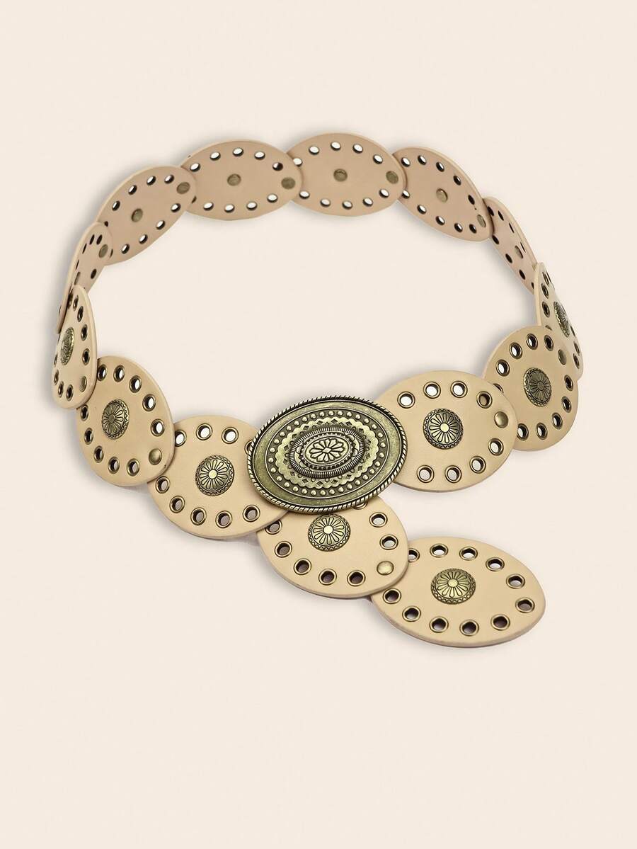 1条波西米亚风铆钉米色女士腰带，朋克西部风格复古搭扣拼接腰带，Y2K女孩牛仔腰带，粗腰带，女士连衣裙腰带，女士西部风格腰带，铆钉腰带，适合搭配连衣裙、牛仔裤、休闲装、派对、休闲、街头、购物、牛仔竞技、校园、节日礼物、夏季 - 米色 - 查看 1