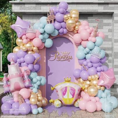 121 Peças Kit de Arco de Balões de Princesa, Balões Azul Claro, Rosa, Roxo, Dourado, Incluindo Castelo, Carruagem, Balões de Folha Estrelados, Adequado para Festa de Princesa, Arco-íris, Chá de Bebê, Aniversário, Decoração de Festa de Conto de Fadas