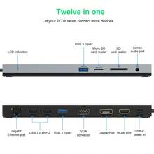 12 合 1 USB-C 集线器 | 三屏显示扩展坞，支持 4K HDMI、DP、VGA | 100W PD 快充、5Gbps USB 3.0、千兆以太网、SD/TF 读卡器、3.5mm 音频接口 | 黑色铝合金 Type-C 适配器，兼容 Macbook、HP 等设备 - 查看 3