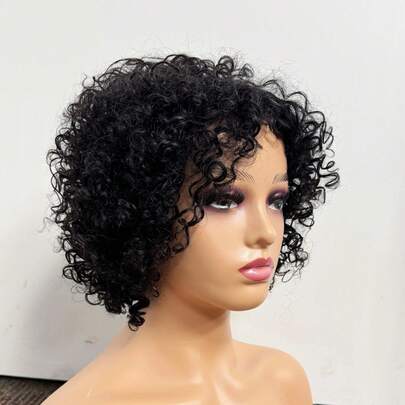 Tóc giả ngắn xoăn cho nữ, tóc giả xoăn tự nhiên kiểu Afro, tóc giả pixie Brazil nguyên chất, tóc giả có mái, độ dày 130%, không có ren phía trước, kiểu tóc bob.