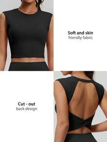 NcmRyu 1pc Women's Crew Neck Criss-Cross Back Elastic Sports Tank Top - Black - View 4