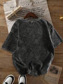 女士骷髅印花圆领短袖休闲宽松T恤 - 黑色 - 查看 3