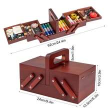 Wooden Expandable Sewing Box With Handle – Sewing Kit Storage Organiser For Embroidery, Quilting & Cross Stitch Supplies - Brown - View 2