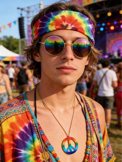 1 Bộ phụ kiện phong cách Hippie, trang phục in họa tiết da báo nhuộm tie-dye thập niên 1970, bộ trang phục Hippie, cosplay, đạo cụ trang phục lễ hội (vòng cổ, băng đô)