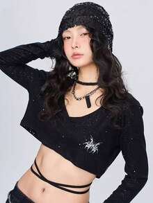 Deep V-Neck Sparkly Short Dance Top, Black, Long Sleeve, Sexy Streetwear - Black - View 2
