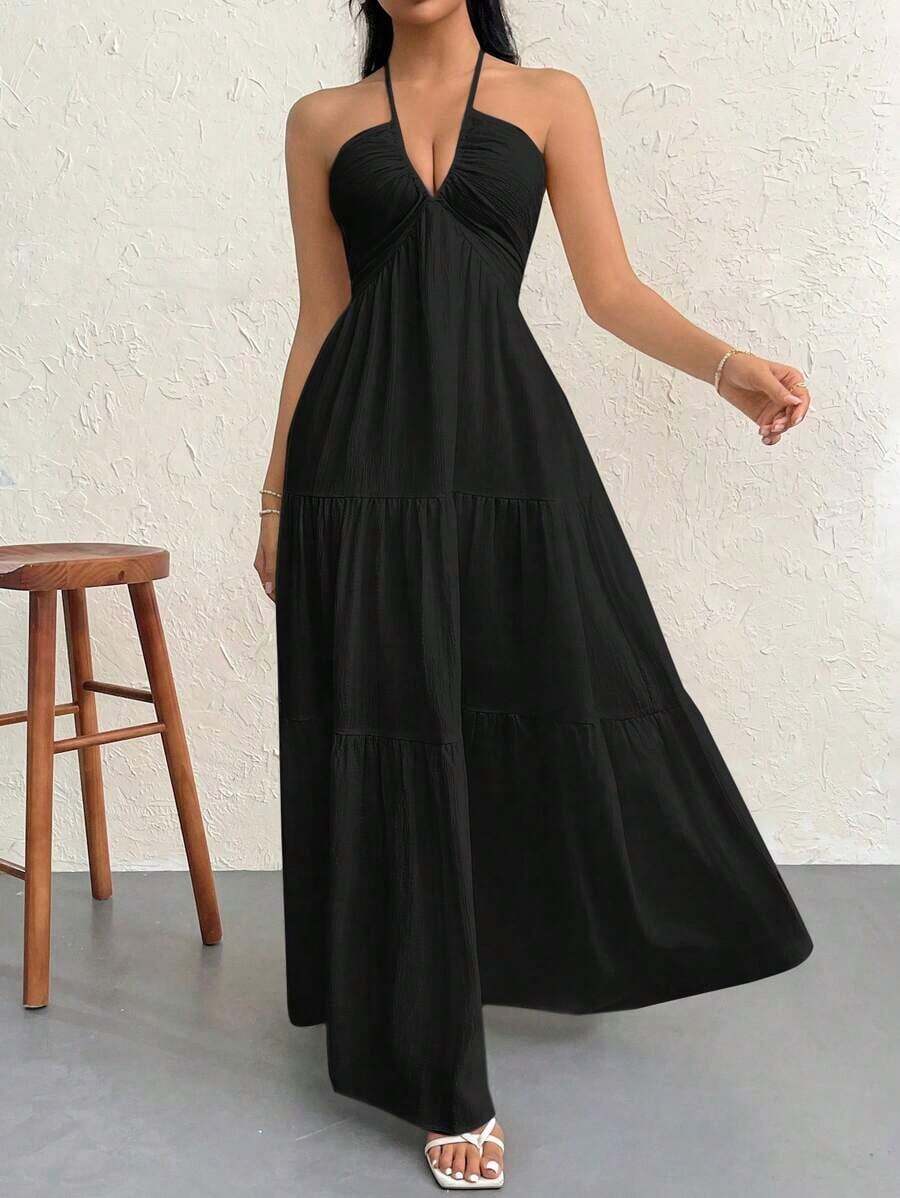 Women's Floral Printed Beach Vacation Halter Pleated Backless A-Line Dress Summer Hawaii,Summer Dresses Women,Tea Party Dress,White Graduation Dress - 黑色 - 查看 1