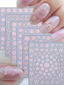 6片粉色花朵美甲贴纸，春夏玫瑰金古铜色樱花玫瑰郁金香梅花桃花美甲贴纸，DIY自粘美甲贴纸，美甲装饰贴片，美甲配件工具，美甲沙龙用品 - 彩色 - 查看 1