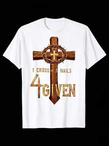 Men Casual Short Sleeve 100 Cotton Loose Fit Round Neck T Shirt Christian Cross And Crown Of Thorns Print Design For Faith Believers - 黑色 - 查看 7