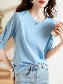 纽扣设计休闲中袖上衣，新款夏季时尚百搭圆领半袖T恤，女士修身款 - 淺藍色 - 查看 2