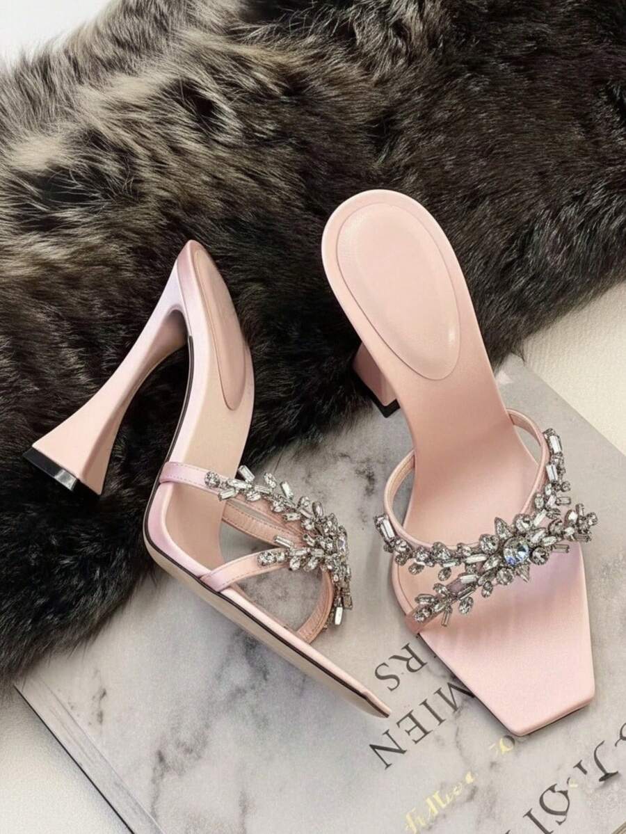 Sandal Selop Satin untuk Wanita, Hak Tapal Kuda, Dekorasi Kristal, Sandal Selop Terbuka Seksi, Cocok untuk Musim Panas 2025, Koleksi Terbaru