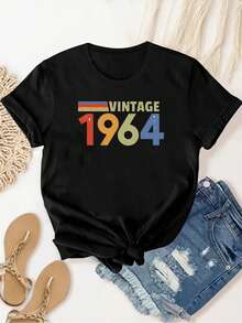 Camiseta Deportiva Casual para Mujer - Camiseta de Poliéster con Estampado de Letras Vintage 1964, Cuello Redondo, Lavable a Máquina, Apta para Todas las Temporadas - Negro - Ver 3