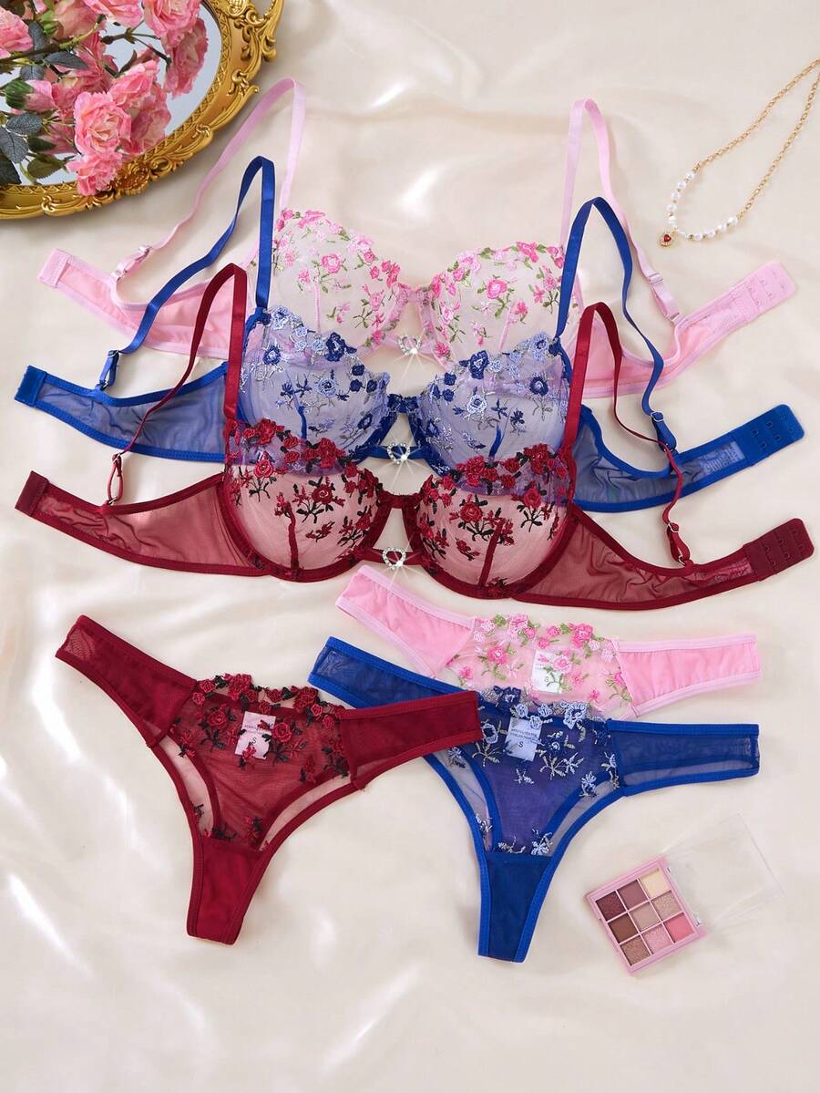 3套/6件装女士性感内衣套装，黑红、黑蓝、酒红配色，舒适日常穿着，性感内衣裤，非常适合圣诞节、万圣节派对礼物 - 黑色 - 查看 1