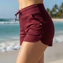 Acqua Bronze Set Of 2 Women's Adjustable Drawstring Shorts With Pockets, Versatile, Sporty, Double Waistband, Simple, Casual - 紅木色 - 查看 5