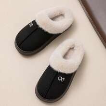 Thermal Slippers, Solid Color Casual Fabric Letter Design, Unisex Indoor Wear, Autumn/Winter - Black - View 2