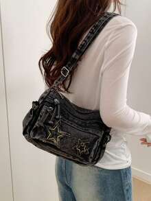 水洗牛仔布多拉链单肩包，复古时尚百搭斜挎包，轻便休闲星形图案女士手提包 - 彩色 - 查看 4