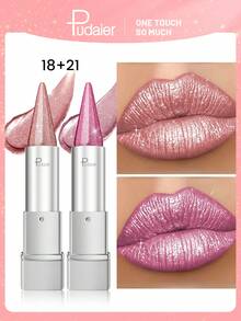 Pudaier 2支装奢华闪亮唇彩、唇膏和唇釉 - 持久光泽和质感，保湿、防水、防汗、不粘腻 - 18+21 - 查看 1