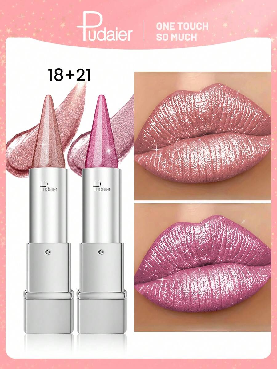 Pudaier 2支装奢华闪亮唇彩、唇膏和唇釉 - 持久光泽和质感，保湿、防水、防汗、不粘腻 - 18+21 - 查看 1