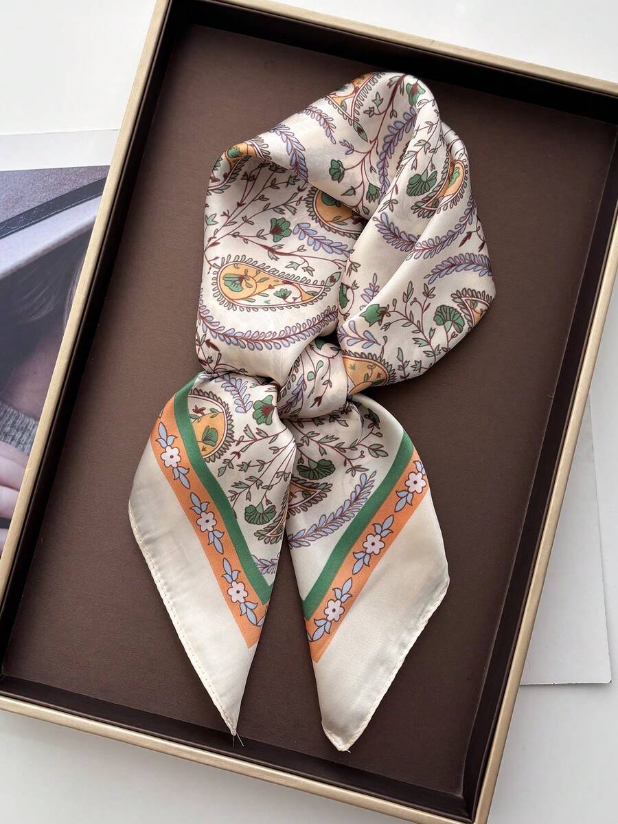 1条女士春夏印花仿丝方巾，27.6英寸，日常保暖围脖 - 杏色 - 查看 1