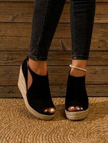 Velvet Fashion Button Closure Jute Rope Stylish Lightweight Wedge Heel Women Shoes - Black - View 4