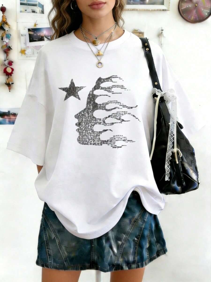 Hellstars 1996 PCP Flame Head Star Y2K Graphic T-Shirt,220g 100% Cotton,Round Neck Short Sleeve,White Streetwear Essential For Summer Going Out,Unisex Style - White - View 1