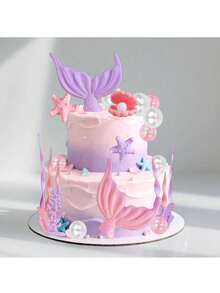 1 Set Meerjungfrau Themen Kuchendekoration, Ozean Serie Kuchendekoration, beinhaltet Muscheln, Fischschwänze, Seesterne, Seetang, Blasen Dekorationen, geeignet für Meerjungfrau Themen Kuchendekoration, Baby Party Kuchendekoration und Ozean Themen Geburtstagsdekoration - Mehrfarbig - Übersicht 3