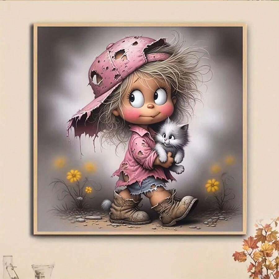 1件套5D钻石画套装，可爱女孩与猫图案，适合成人初学者DIY马赛克钻石画，全钻手工DIY钻石画，适用于客厅、卧室、办公室墙面装饰，惊喜艺术家居装饰礼物，送给家人和朋友，无框[30*30厘米/11.8*11.8英寸][40*40厘米/15.7*15.7英寸] - 無框 - 查看 1
