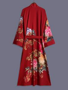 Áo khoác kimono tay lửng kiểu Nhật in họa tiết hoa hồng, mỏng nhẹ, thích hợp mặc đi dự tiệc/dạo phố, đi biển/nghỉ dưỡng, áo choàng nhẹ có thắt lưng, thích hợp mặc mùa xuân. - Đỏ - Xem 1