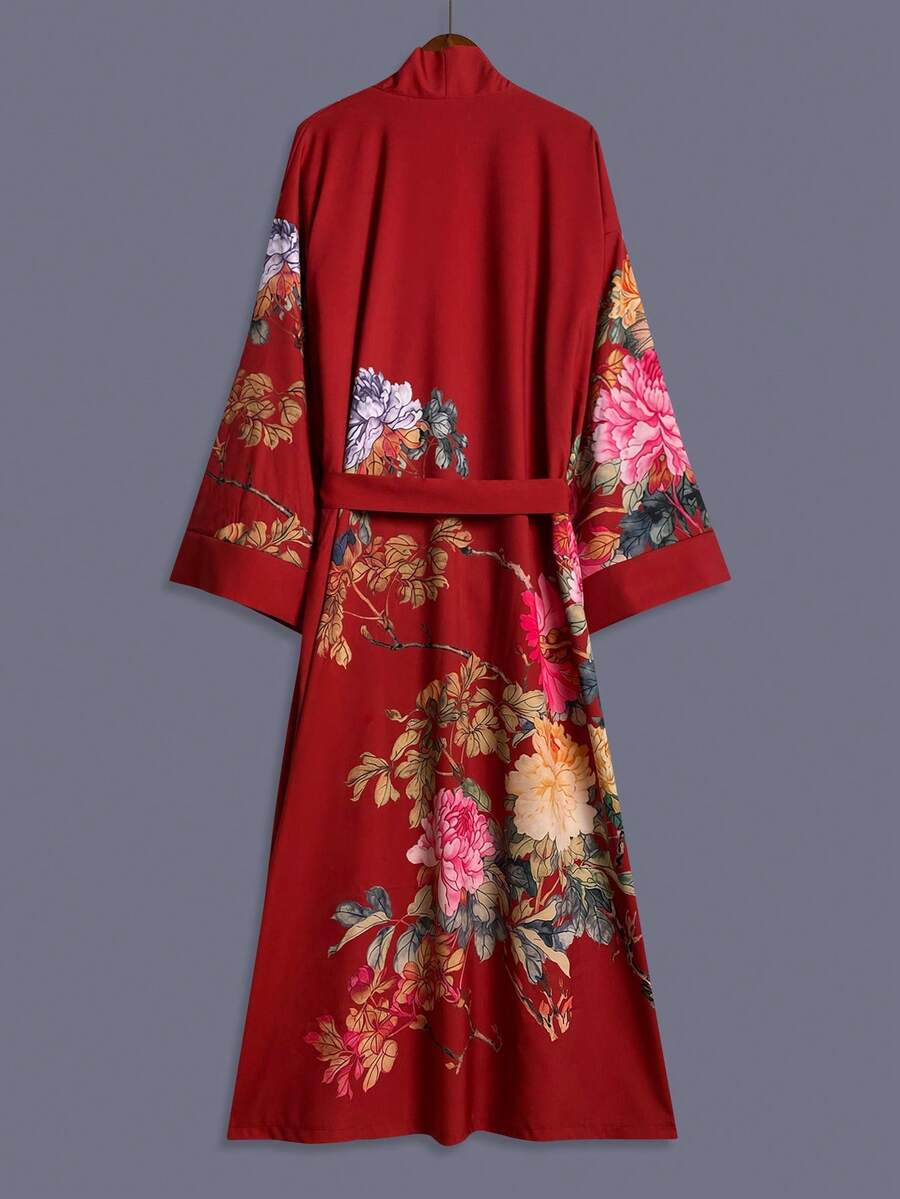 Áo khoác kimono tay lửng kiểu Nhật in họa tiết hoa hồng, mỏng nhẹ, thích hợp mặc đi dự tiệc/dạo phố, đi biển/nghỉ dưỡng, áo choàng nhẹ có thắt lưng, thích hợp mặc mùa xuân. - Đỏ - Xem 1