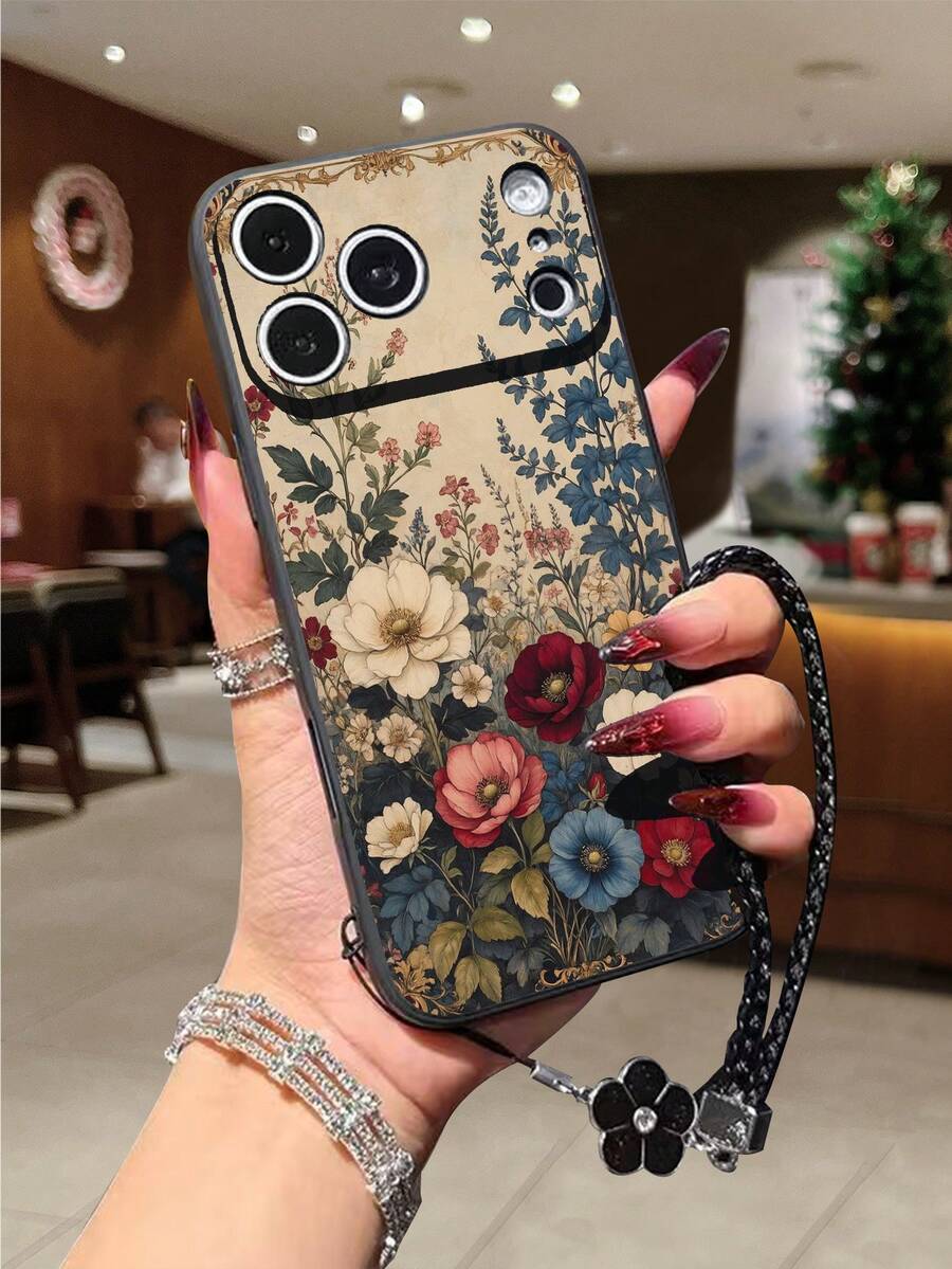 花朵图案加厚彩色彩绘花卉打孔边缘防震透明手机壳，兼容 17 Pro/17 Air/17/17 Pro Max/16/11/16 Pro/16 Plus/16 Pro Max/16 e/15 Pro Max/13/14/12/XS/XR/7G/8P，Galaxy S25/S25 Plus/S25 Ultra/A16/A36/A26/A56，配有装饰编织腕带 - 彩色 - 查看 1