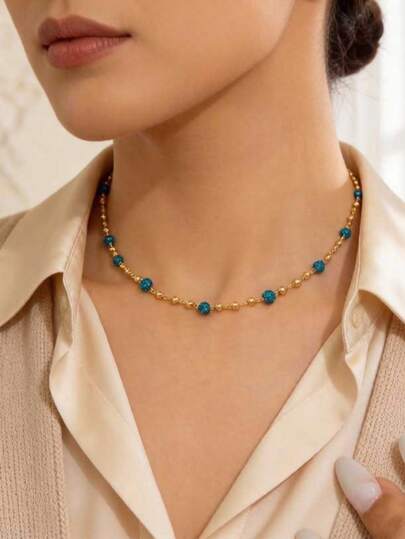 1pc Bohemian Style Asymmetrical Blue Stone & Pearl Necklace, Gorgeous Gift For Girlfriend, Best Friend