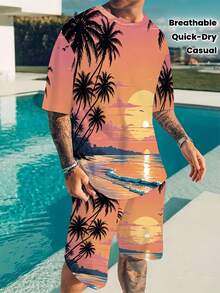 Set di camicia a maniche corte e pantaloncini con stampa da spiaggia per uomo, traspirante e ad asciugatura rapida, adatto per sport, tempo libero e uso quotidiano all'aperto. - Colori misti - Visualizzare 6