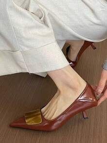 Elegant Basic Neutral PU Leather Buckle Outdoor High Heels - Brown - View 2