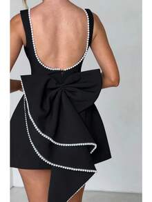 New Summer Women's Pearl Bow Back Fashionable Slim Fit Short Dress Hot Girl A-Line Dress - màu đen - Xem 5