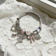 1件装多吊坠时尚心形蝴蝶结串珠不锈钢手链，女友礼物，节日礼物 - 銀色 - 查看 3