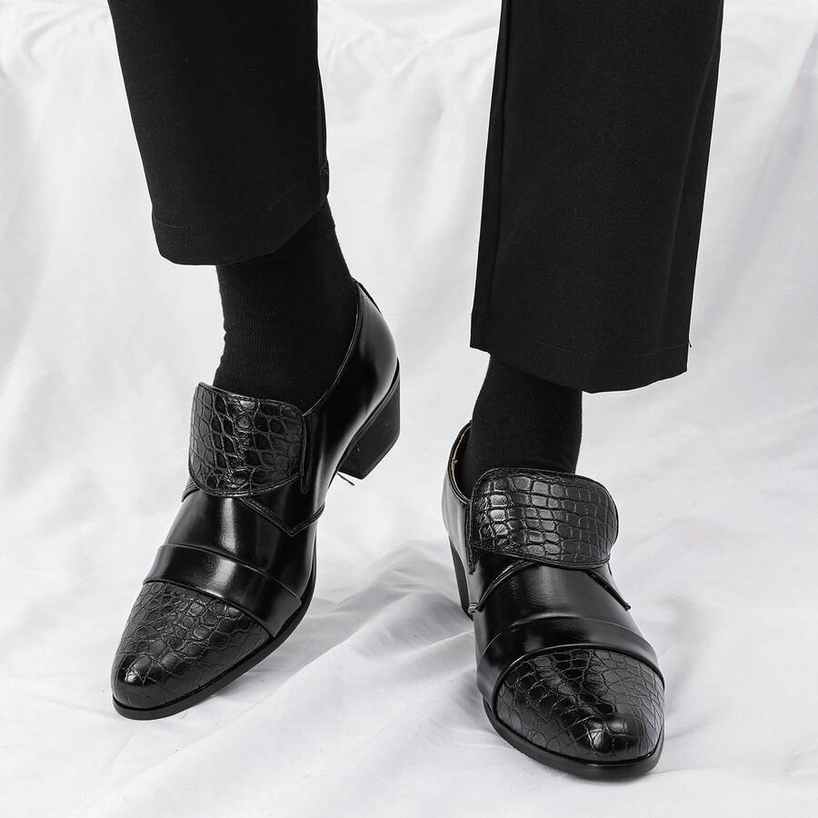 Men's Business Banquet High Heel Leather Shoes, Fashionable Retro Brogue Formal Dance Shoes - Black - View 1