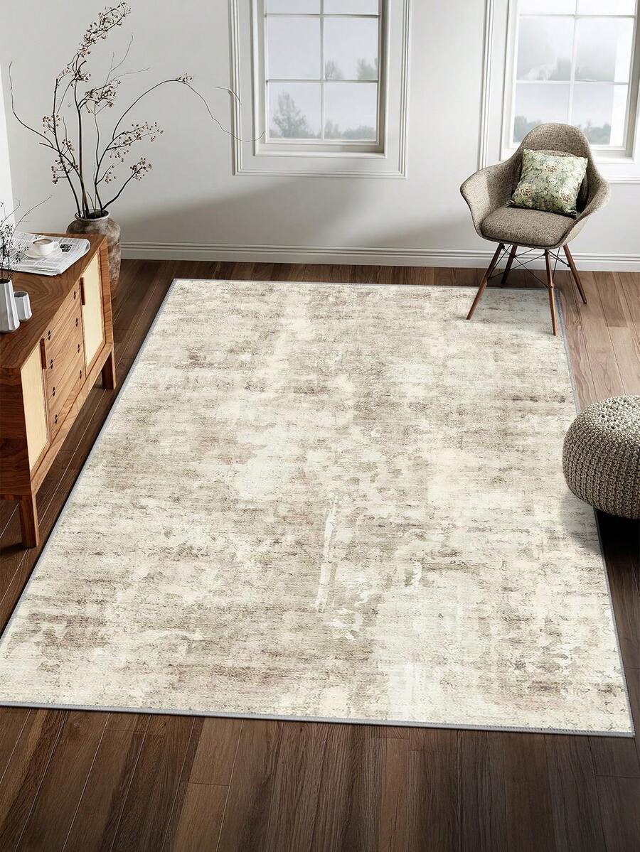 1pc Bohemian Style Beige Carpet, Washable Faux Wool, 1160g/㎡, Suitable For Living Room, Bedroom, Kitchen, Office, Foyer