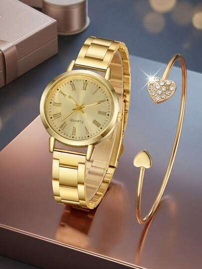 2Pcs Women's Alloy Quartz Watch Bracelet Jewelry Set Elegant, Gorgeous, Minimalist Roman Scale Dial Used For Daily Wear Party Decoration Or Valentine's Day Mother's Day Various Festival Gifts For Friends And Mothers