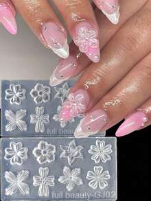 2pcs Spring Petal Silicone Nail Art Molds, Lily & Cherry Blossom Floral DIY Nail Template 3D Carving Reusable Nail Mold Tools - Clear - View 1