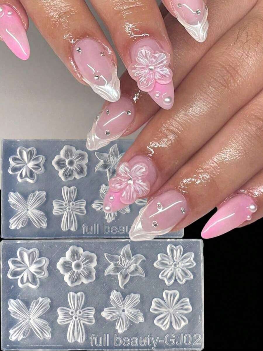 2pcs Spring Petal Silicone Nail Art Molds, Lily & Cherry Blossom Floral DIY Nail Template 3D Carving Reusable Nail Mold Tools - Clear - View 1