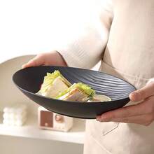 2/4件套黑色纹理餐盘，奢华椭圆形沙拉/意面盘，创意塑料西式和东方风格餐具，酒店和家庭使用的水果/零食盘 - 黑色 - 查看 5