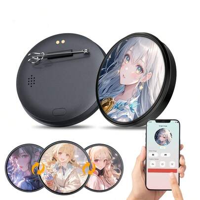 Khung ảnh thông minh Anime, Huy hiệu thông minh - Ghim cài áo video GIF, Ghim hoạt hình động, Dung lượng pin 380mAh, Phụ kiện cosplay thiết yếu cho các hội nghị, Quà tặng lý tưởng cho người hâm mộ truyện tranh & đạo cụ cosplay, Công cụ xã hội sáng tạo với màn hình vòng lặp HD tích hợp, Nhẹ & dễ đeo, - Thiết lập màn hình hiển thị động cá nhân, Huy hiệu công nghệ thời trang cho nhiều tình huống sử dụng